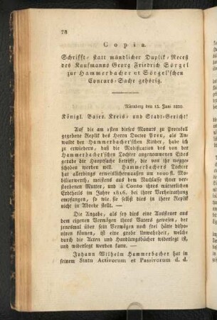 Copia. Schrifft- statt mündlicher Duplik-Receß des Kaufmanns Georg Friedrich Sörgel zur Hammerbacher et Sörgel'schen Concurs-Sache gehörig.