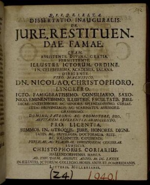 Dissertatio. Inauguralis. De. Iure. Restituendae. Famae.