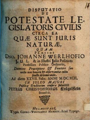 Disp. de potestate legislatoris civilis circa ea, quae sunt iuris naturae