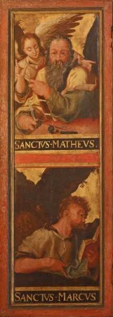 Taufaltar — Die Taufe Christi flankiert von Heiligen, in den Flügen Portraits der vier Evangelisten — Die Evangelisten Matthäus und Markus
