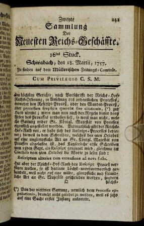 16tes Stuck. Schwabach, den 18. Martii, 1757.