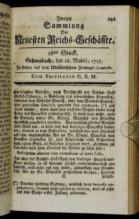 16tes Stuck. Schwabach, den 18. Martii, 1757.