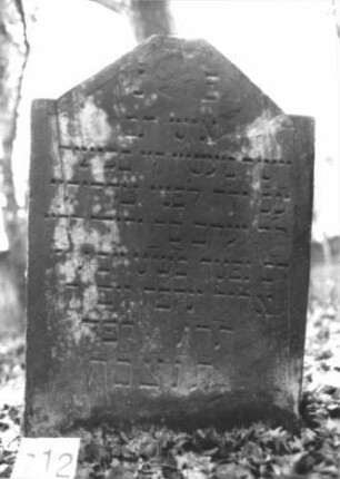Grabstein 712 (Index: 99900474) Material: Sandstein Zustand: gut erhalten Maße HxBxT: 97x63x9 cm Beschreibung: Stele mit oben abgeflachtem, seitlich eingezogenem Dreiecksabschluss, im Dreiecksfeld Blüte Symbolik: Blüte: Grabstein 712 (1)