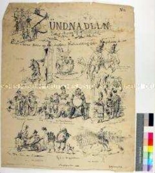 Bilderbogen mit Karikaturen auf den mit seiner Familie ins Exil flüchtenden Kaiser Napoleon III. und die diplomatischen und militärischen Bemühungen während des Deutsch-Französischen Krieges