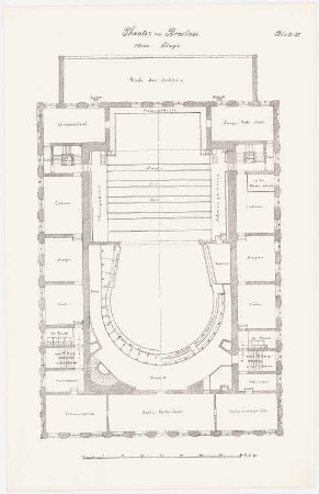 Theater, Breslau Wiederaufbau: Grundriss 2.Obergeschoss, Maßstabsleiste