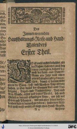 Des Immer-werenden Haußhaltungs- Reise- und Hand-Calenders Erster Theil.