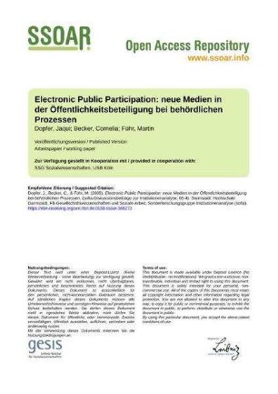 Electronic Public Participation: neue Medien in der Öffentlichkeitsbeteiligung bei behördlichen Prozessen