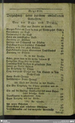 [Register] Verzeichniß derer darinne enthaltenen Andachten