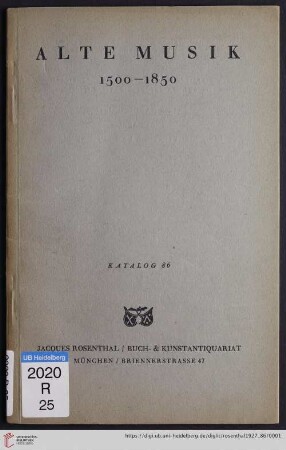 Nr. 186: Kataloge / Jacques Rosenthal München: Alte Musik 1500-1850