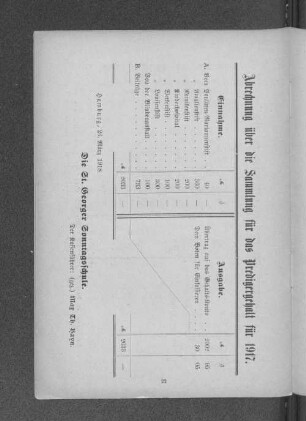 Abrechnung über die Sammlung für das Predigergehalt für 1917.
