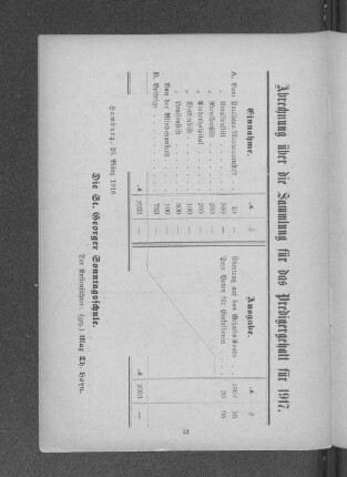 Abrechnung über die Sammlung für das Predigergehalt für 1917.