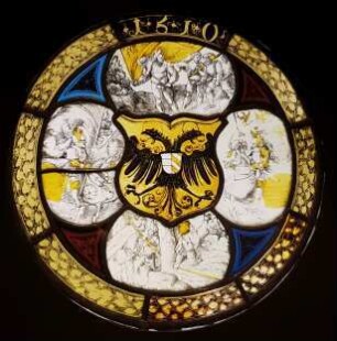 Rundscheibe mit Reichsadler mit Herzschild Österreich-Burgund sowie vier Szenen der Verherrlichung Kaiser Maximilians I.