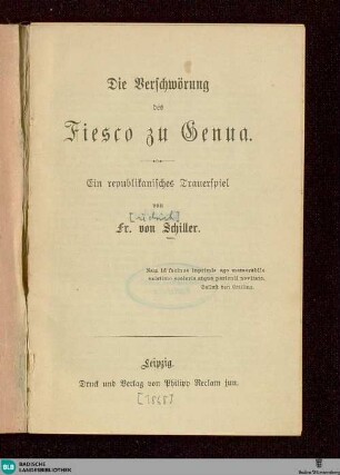 Die Verschwörung des Fiesco zu Genua : ein republikanisches Trauerspiel