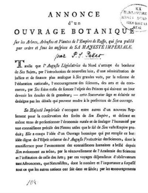 Annonce d'un ouvrage botanique sur les arbres, arbustes et plantes de l'Empire de Russie, qui sera publié par ordre et sous les auspices de sa majesté impériale = Ankündigung einer auf Allerhöchsten Befehl ihro