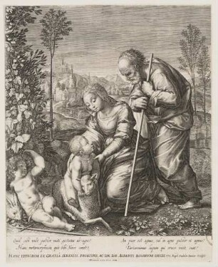 Die Heilige Familie und der Heilige Johannes der Täufer in einer Landschaft.