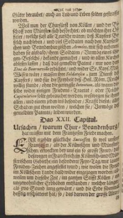 Das XXII. Capitul. Ursachen/ warum Chur-Brandenburg/ hat müssen mit dem Frantzosen Friede machen