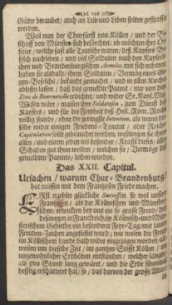 Das XXII. Capitul. Ursachen/ warum Chur-Brandenburg/ hat müssen mit dem Frantzosen Friede machen