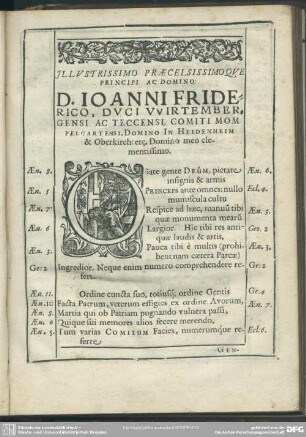 Dedicatio Wirtembergiadis, Illustriss. ac Potentiss. Principi, ac Dn. Johanni Friderico