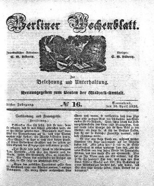 No. 16, Sonnabend, den 20. April 1839.