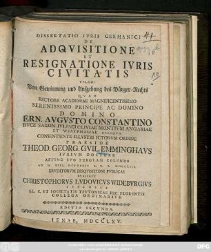 Dissertatio Ivris Germanici De Adqvisitione Et Resignatione Ivris Civitatis Vulgo: