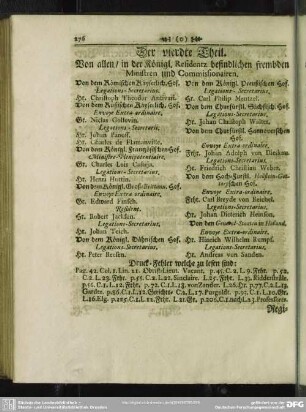 Der vierdte Theil. Von allen, in der Königl. Residentz befindlichen frembden Ministren und Commissionairen