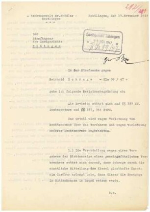 Strafakte Schrage, Reinhold, Lehrer, Münsingen u.a. Qu.282-310