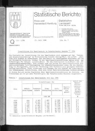 Investitionen für Umweltschutz im Verarbeitenden Gewerbe 1984 : Lfd. Nr. 1
