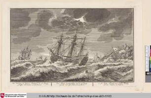 Een Frans Oorlog Schip van de 4.e Rang ryende voor sym Ankers in een Storm.