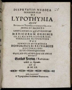 Disputatio Medica Inauguralis De Lypothymia