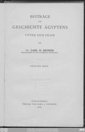 Heft 2: Beiträge zur Geschichte Ägyptens unter dem Islam