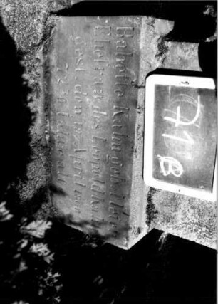 Grabstein 71 (Index: 100109955) Material: Sandstein Zustand: verwittert Maße HxBxT: 145x42x17 cm Beschreibung: Stele, getreppter Sockel, eingezogener Rundbogenabschluß, Schriftfeld eingetieft: Grabstein 71B