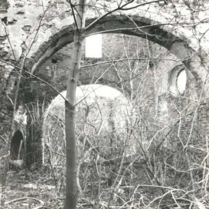 Markkleeberg-Zöbigker. Ruine der Dorfkirche Zöbigker (1726, 1883, 1942 ausgebrannt). Inneres nach Osten