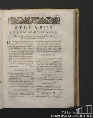 Syllabus Rerum Praecipuarum quae in Unoquoque novorum hujus Voluminis Experimentorum continentur.