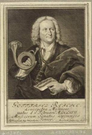 Bildnis des Leipziger Trompeters und Komponisten Gottfried Reiche, Halbfigur mit Attributen