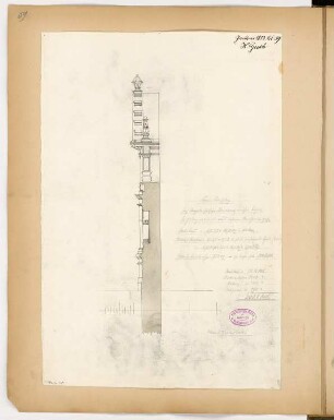 Erbbegräbnis Frenkel auf dem jüdischen Friedhof, Berlin-Weißensee Monatskonkurrenz Januar 1883 (2. Wettbewerb): Vertikalschnitt; Maßstabsleiste, Kostenrechnung