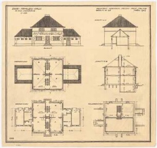 Musterhäuser für Kleinsiedlungen: Zweifamilienhaus Vorderansicht, 2 Schnitte A - B, C - D, Grundrisse von Kellergeschoss, Erdgeschoss und Obergeschoss 1:100