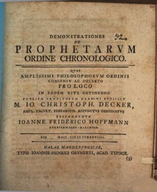 Demonstrationes De Prophetarvm Ordine Chronologico