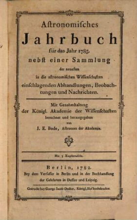 Astronomisches Jahrbuch. 1785, 1785 (1782)