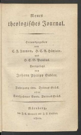 Jahrgang 1800. Drittes Stück. oder Funfzehnter Band. Drittes Stück