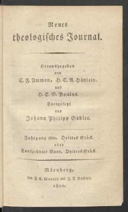 Jahrgang 1800. Drittes Stück. oder Funfzehnter Band. Drittes Stück