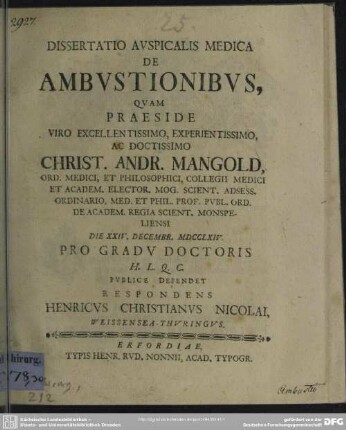 Dissertatio Auspicalis Medica De Ambustionibus