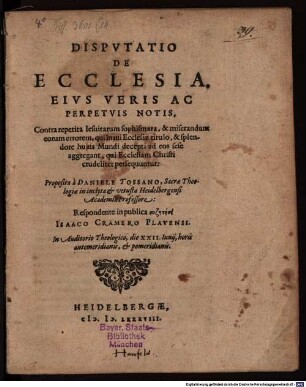 Disp. de ecclesia, eius veris ac perpetuis notis