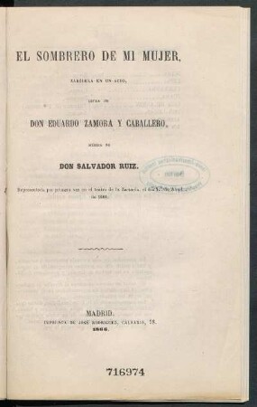 El sombrero de mi mujer : zarzuela en un acto
