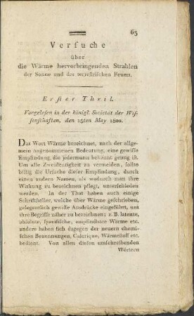Versuche über die Wärme hervorbringenden Strahlen der Sonne und des terrestrischen Feuers.
