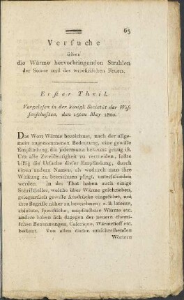 Versuche über die Wärme hervorbringenden Strahlen der Sonne und des terrestrischen Feuers.