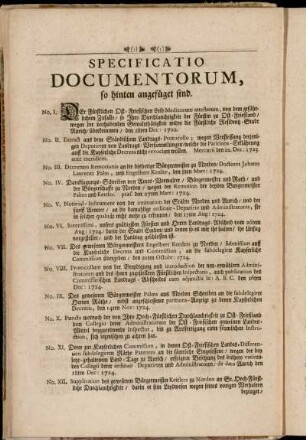 Specificatio Documentorum, so hinten angefüget sind.