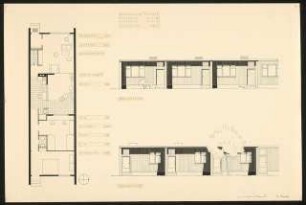 Wettbewerb VDS Bonn Sozialer Wohnungsbau: Eingeschossiger Wohntyp F: Grundriss und 2 Ansichten 1:50