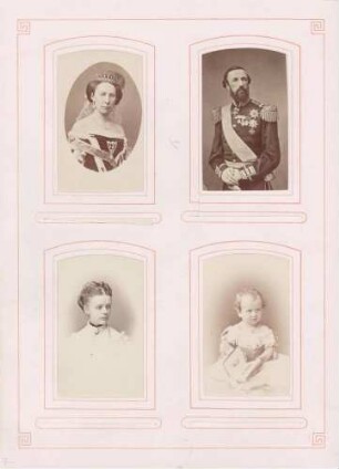 links oben: Königin Luise von Schweden rechts oben: König Karl XV. von Schweden links unten: Unbekannt (Dame) rechts unten: Prinzessin Therese von Oldenburg (?) (Kleinkind)