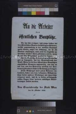 Maueranschlag: Bekanntmachung des Gemeinderates der Stadt Wien über die Unterbindung der Doppelbezahlung der Arbeiter; Wien, 15. Oktober 1848