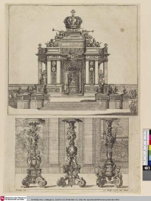 [Mausoleumsarchitektur und drei große Kerzenhalter]